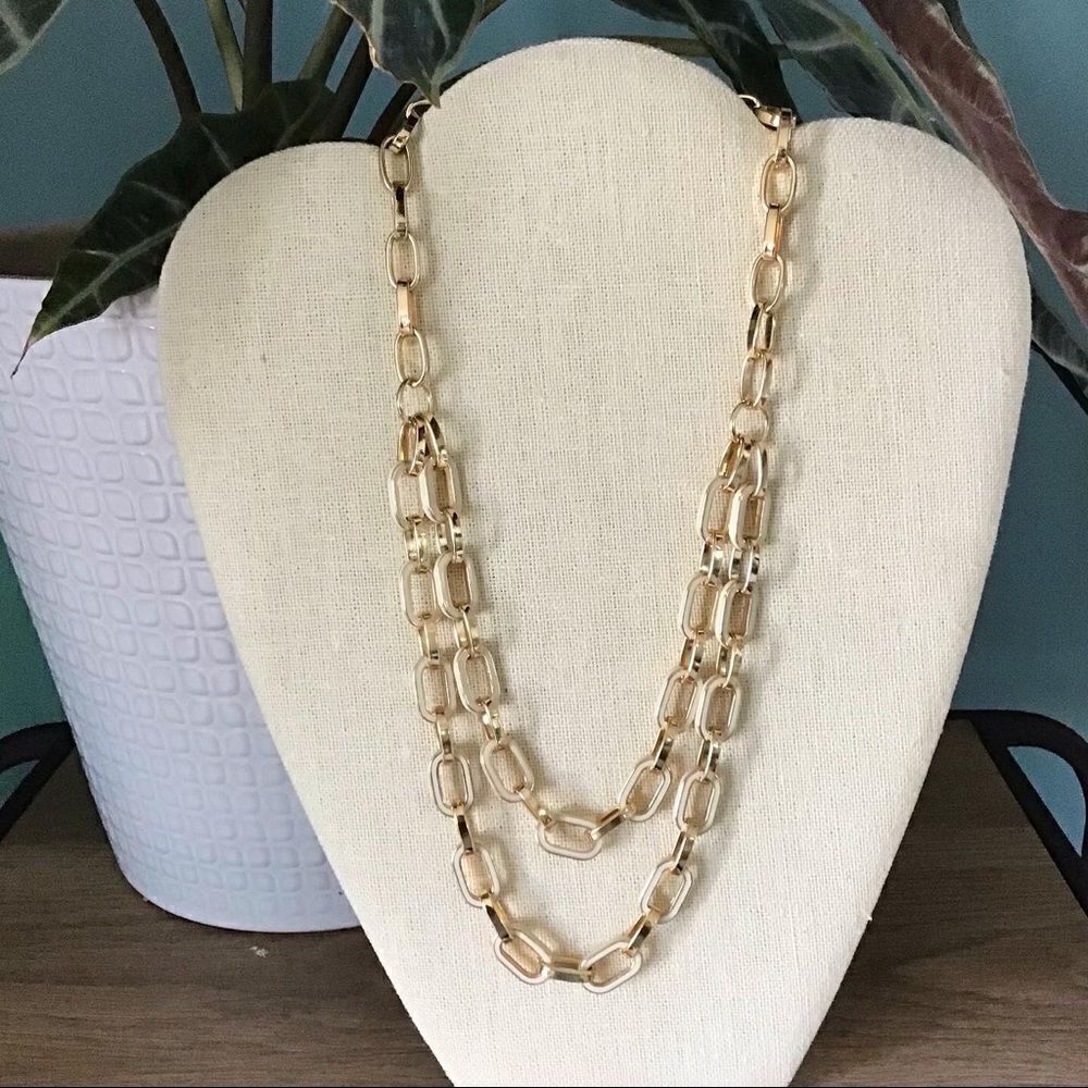 Vintage Chunky Double Cable Chain Gold Tone White Necklace